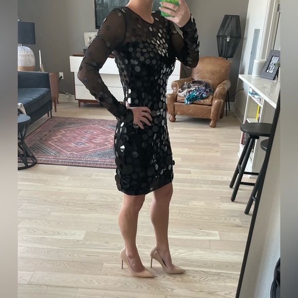 BCBG black mini dress with sheer long sleeves and oversized sequins size S - Picture 2 of 4